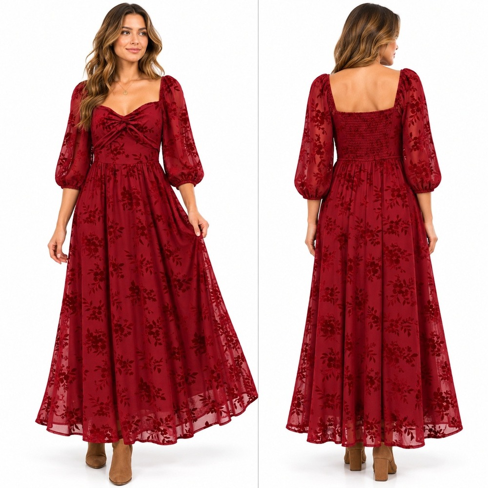 NWT Altar'd State Velvet Burnout Floral Maxi Dress Womens L Red Boho Romantic